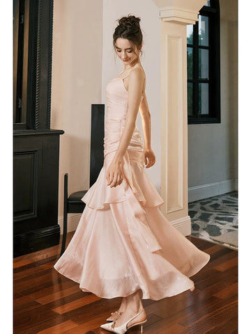 Mermaid Spaghetti Straps Long Length Blush Pink Evening Dress Prom Dresses SD2854 HZ0628